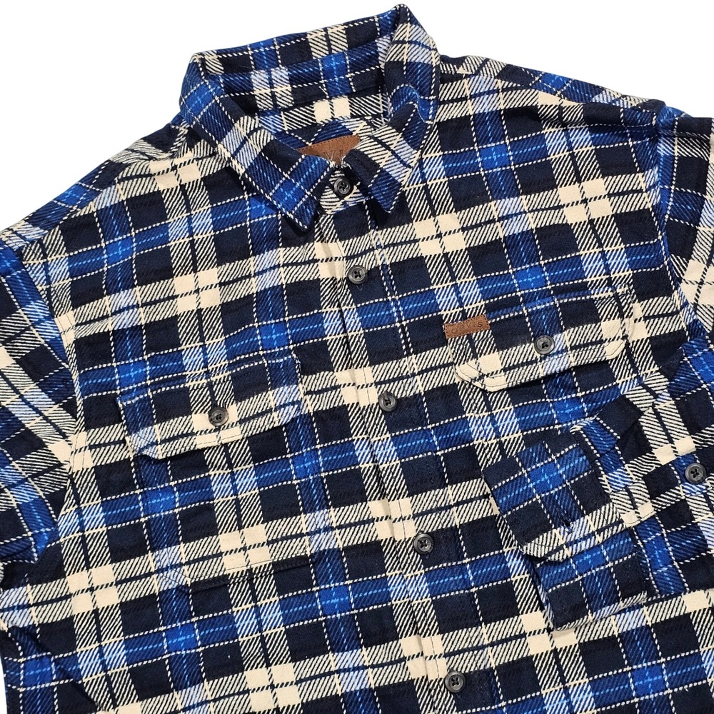 Orvis Flannel Shacket Shirt Mens L Blue Plaid Pocket Rugged Cabin Lumber